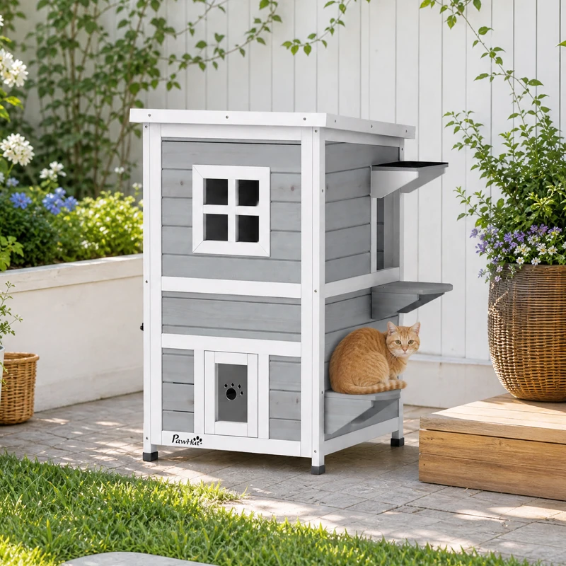 PawHut Maisonnette pour chats sur 2 étages en bois intérieur et extérieur toit rabattable 51 x 51 x 81,3 cm blanc et gris
