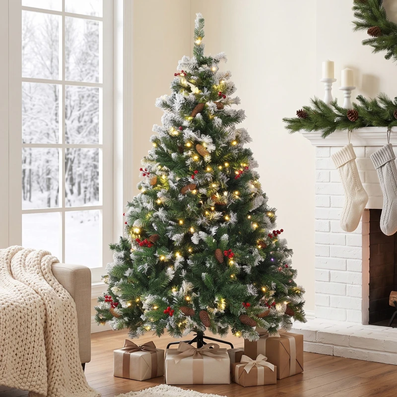 HOMCOM Sapin de Noël Artificiel Lumineux et Enneigé 150cm, Arbre de Noël, Télécommande, 11 Modes d'Éclairage, 210 LED, Vert