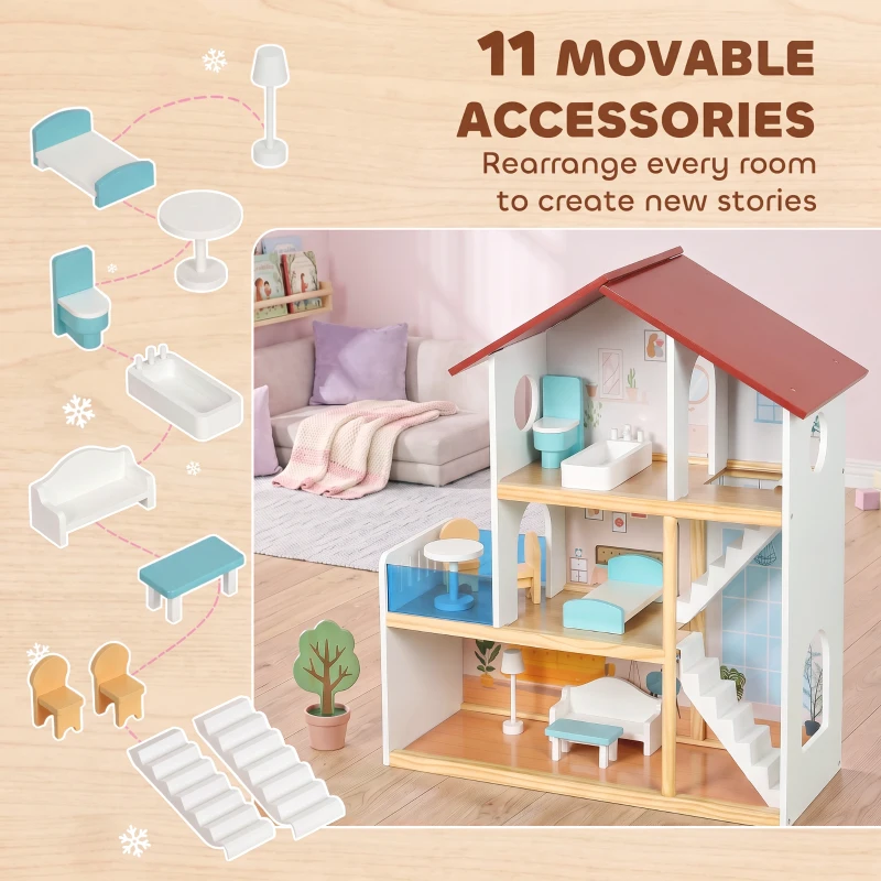 AIYAPLAY Kids Wooden Dolls House, 3-Story Dollhouse with 5 Rooms and 11 Accessories, Pretend Play Gift for Ages 3+, White