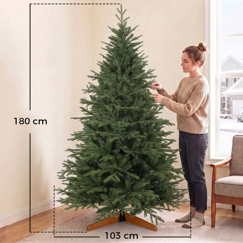 HOMCOM Sapin de Noël Artificiel 180 cm, Arbre de Noël, 2081 Branches Articulées en PE et PVC Ignifuge, Support en Bois Robuste