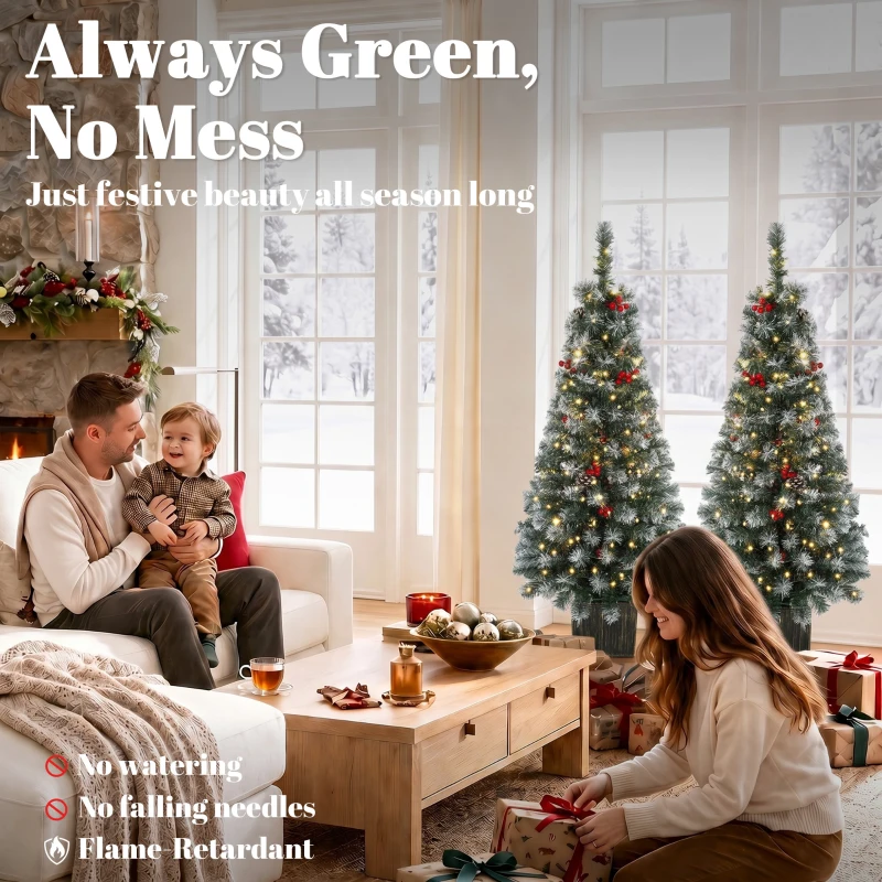 HOMCOM 4ft Pre-Lit Slim Artificial Christmas Tree Set of 2, with 100 Dual-Colour LED Lights, 140 Frosted Branch Tips