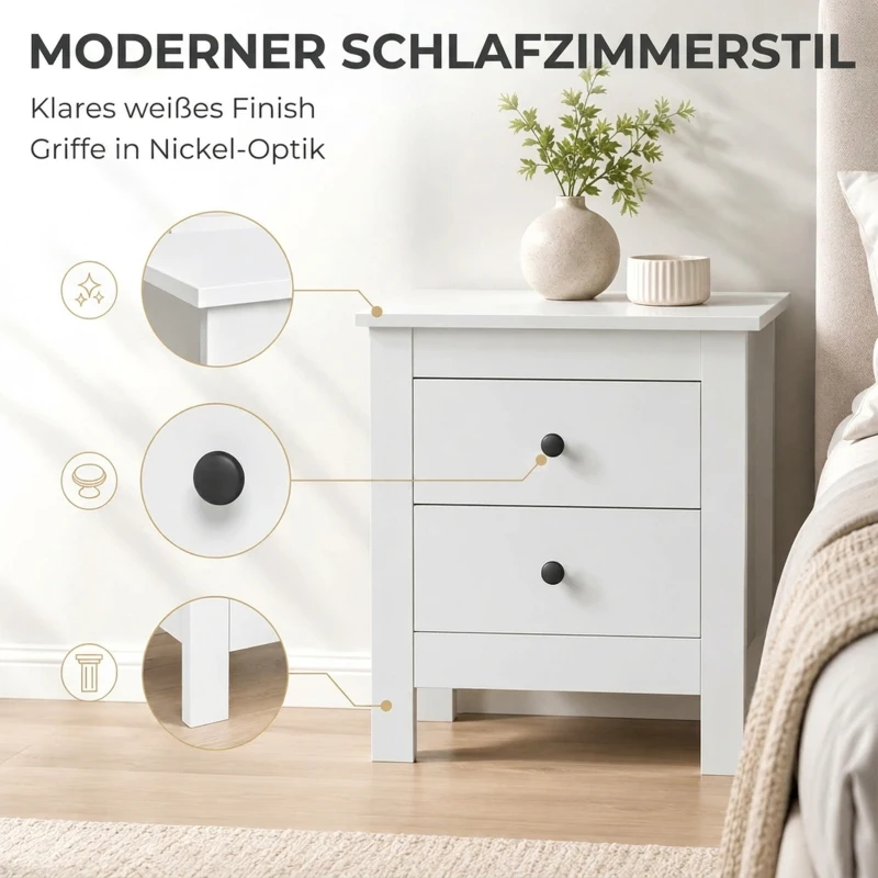HOMCOM Modern nachtkastje met 2 lades, bijzettafel met antislippads voor de slaapkamer, wit