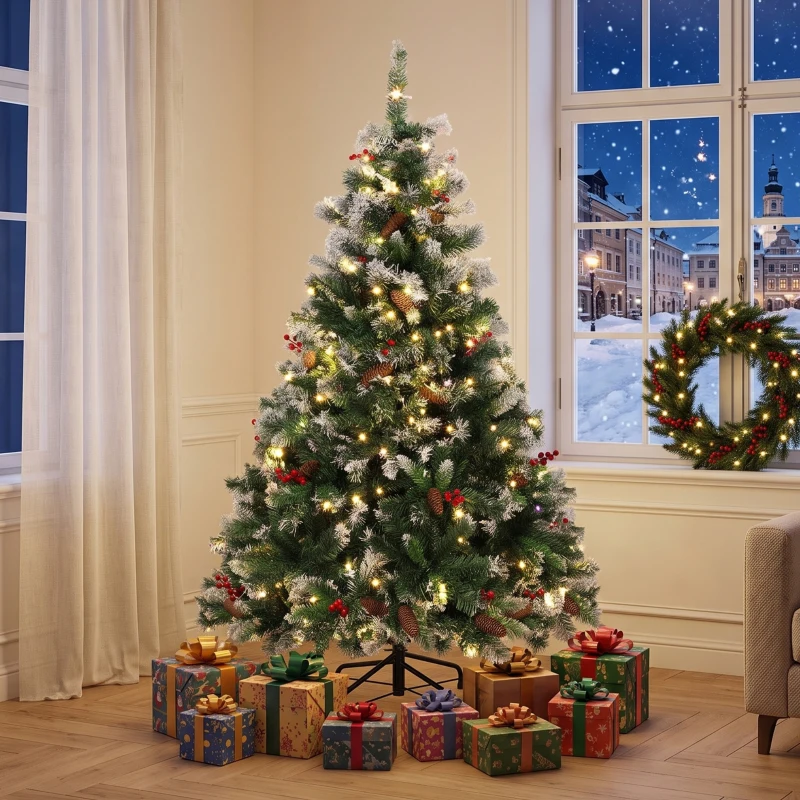 HOMCOM Sapin de Noël Artificiel Lumineux et Enneigé 150cm, Arbre de Noël, Télécommande, 11 Modes d'Éclairage, 210 LED, Vert
