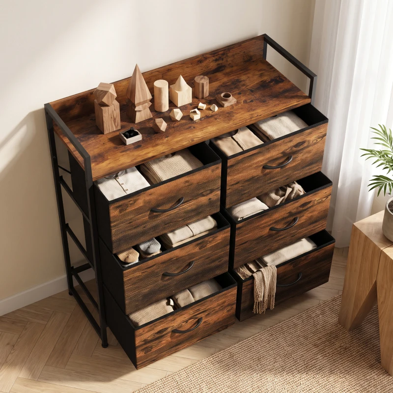 HOMCOM Rustic Chest of Six Fabric Drawers - Rustic Brown