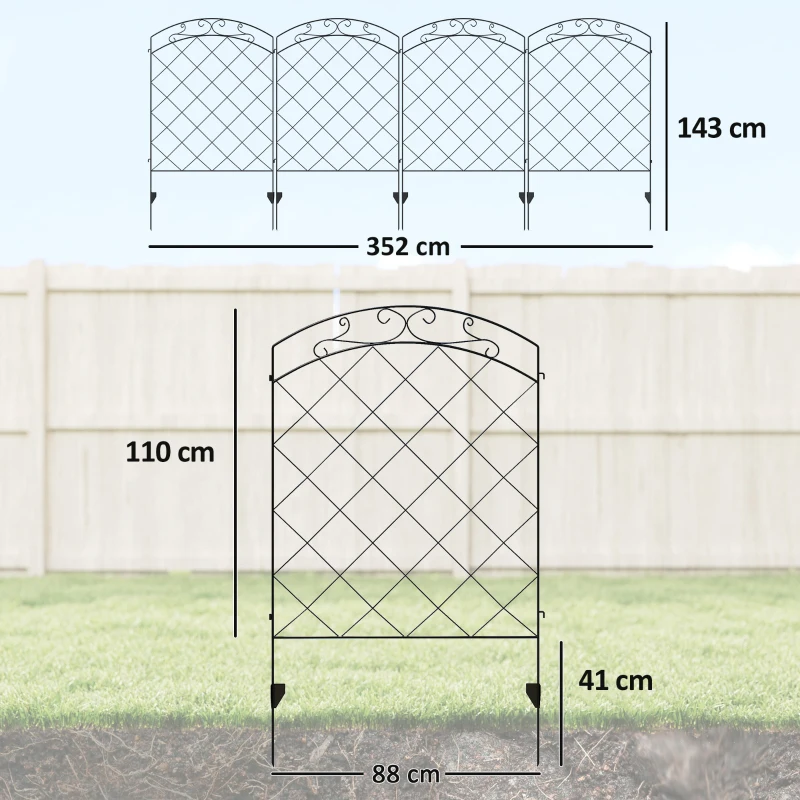 Outsunny Steel Decorative Swirls Outdoor Picket Fence Panels Set of 4, Black