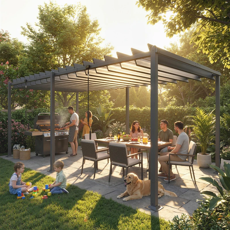 Outsunny Pergola Tonnelle de Jardin avec Toit à Lames Orientables 0-90° Grande Capacité 11 Personnes UV50+ 572x298x220cm Gris