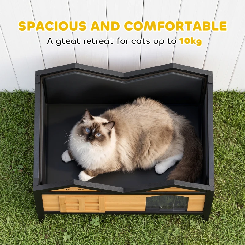 PawHut Wooden Cat House Outdoor Indoor with Weatherproof Asphalt Roof, Side Cleaning Door, PVC Curtain