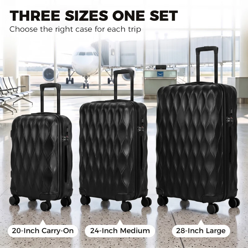 HOMCOM 3-Piece Suitcase Set, Hard Shell Carry On & Checked Luggage Set with TSA Lock, 20/24/28 Inch, Black