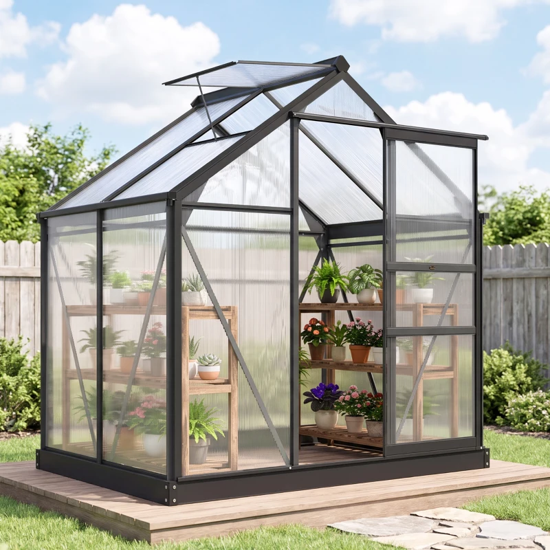 Outsunny Serre de jardin polycarbonate 190 x 132 x 201 cm résistant aux UV 30+ fondation renforcé gouttière gris