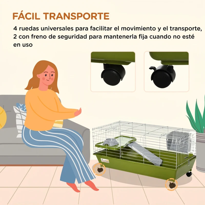 PawHut Jaula para Animales Pequeños con Ruedas Botella Comedero Dispensador de Heno para Conejos y Cobayas 89x44x43 cm Verde