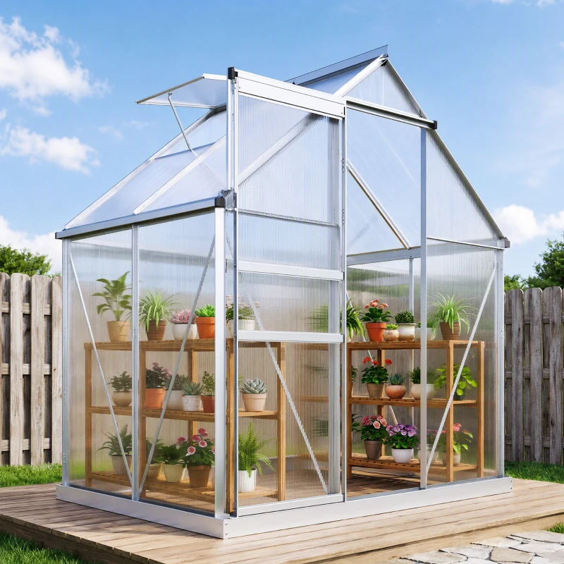 Outsunny 192.5 x 131cm Walk-In Polycarbonate Greenhouse - Silver-Tone
