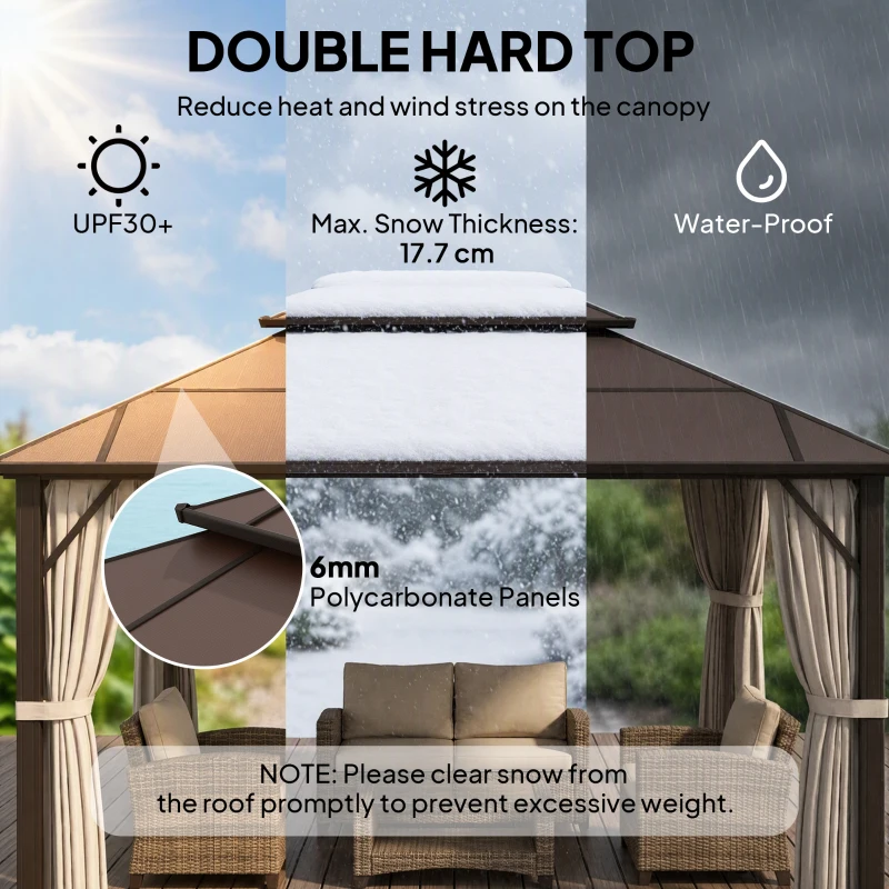 Outsunny 3 x 4m Hardtop Gazebo Canopy with UPF30+ Double Polycarbonate Roof, Aluminium Frame Garden Gazebo Permanent Pavilion with Mosquito Netting and Curtains for Patio, Deck, Beige