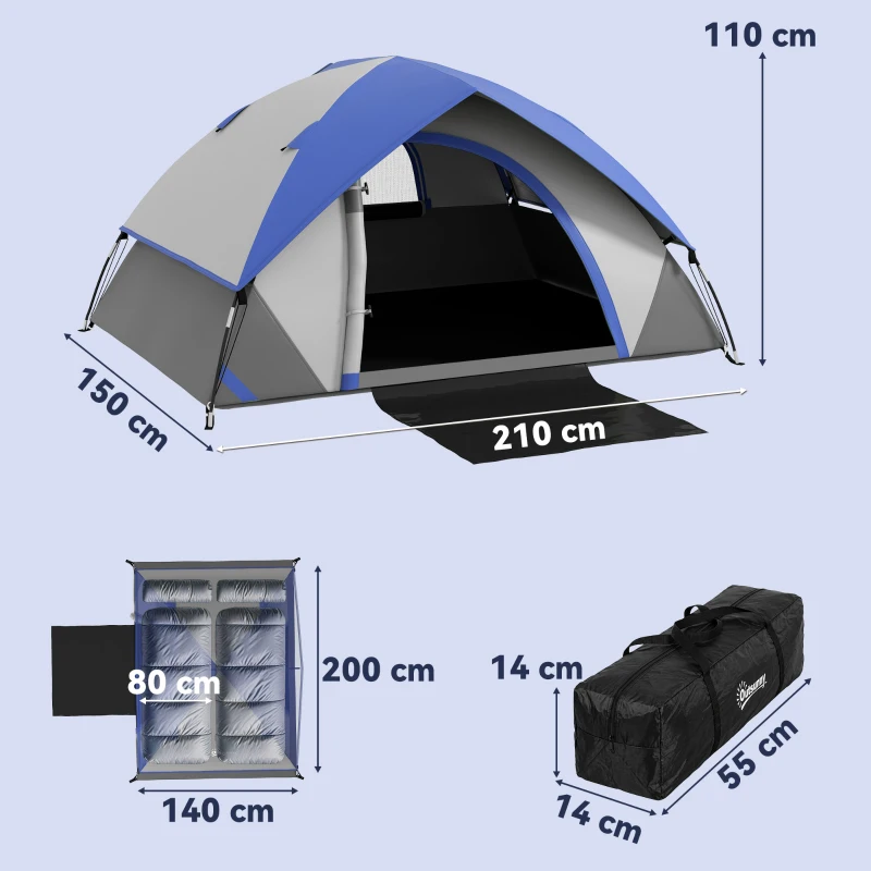 Outsunny Two Man Single Room Dome Tent, with Accessories - Dark Blue/Grey
