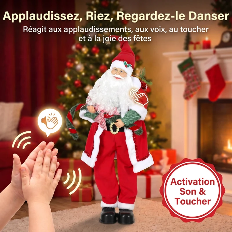 HOMCOM Père Noël Animé Grandeur Nature 120cm, Décoration Musicale Chantante et Oscillante,  Activation Sonore et Tactile, Rouge