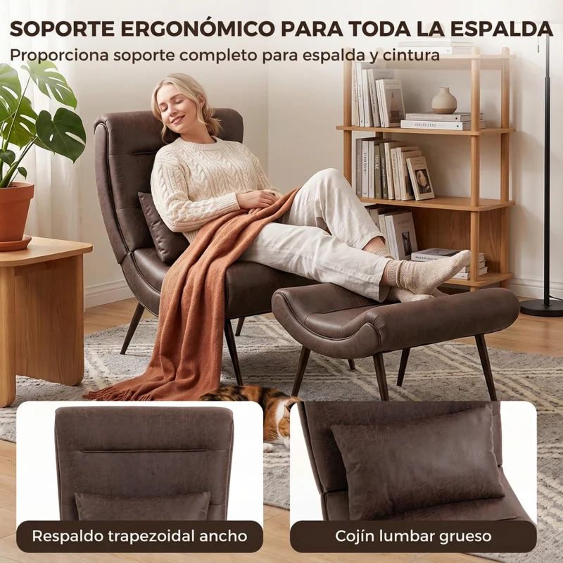 HOMCOM Sillón con Reposapiés Asiento Ancho Cojín Lumbar y Respaldo Curvo Tapizado en Leathaire Patas de Acero Marrón Oscuro
