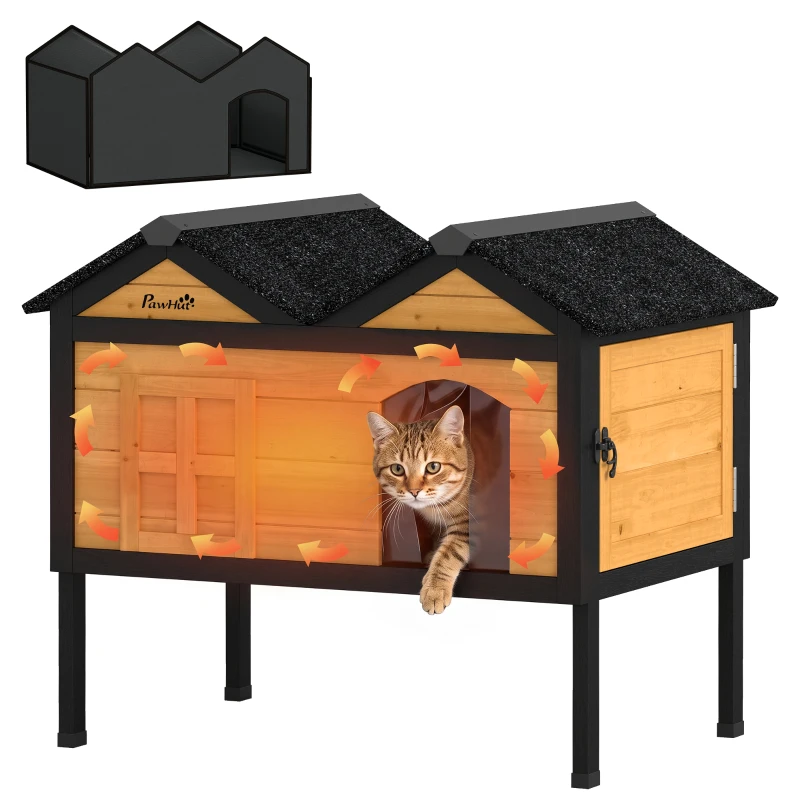PawHut Wooden Cat House Outdoor Indoor with Weatherproof Asphalt Roof, Side Cleaning Door, PVC Curtain