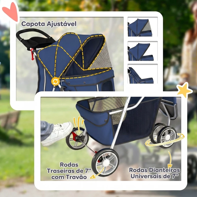 PawHut Carrinho Dobrável para Cães Pequenos até 10 kg com 3 Rodas, Capota, Cesta, Janelas em Rede e Porta-copos, Azul-Escuro