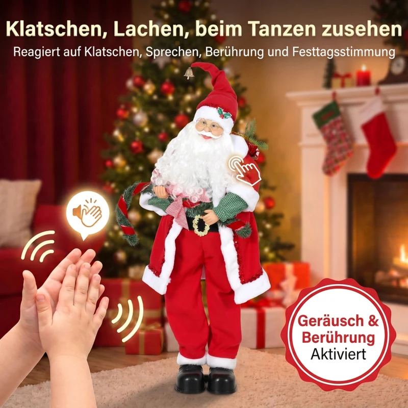 HOMCOM Zingende & dansende kerstman, 120 cm, staande geanimeerde kerstfiguur met guirlande & cadeauzak, geactiveerd door geluid/aanraking