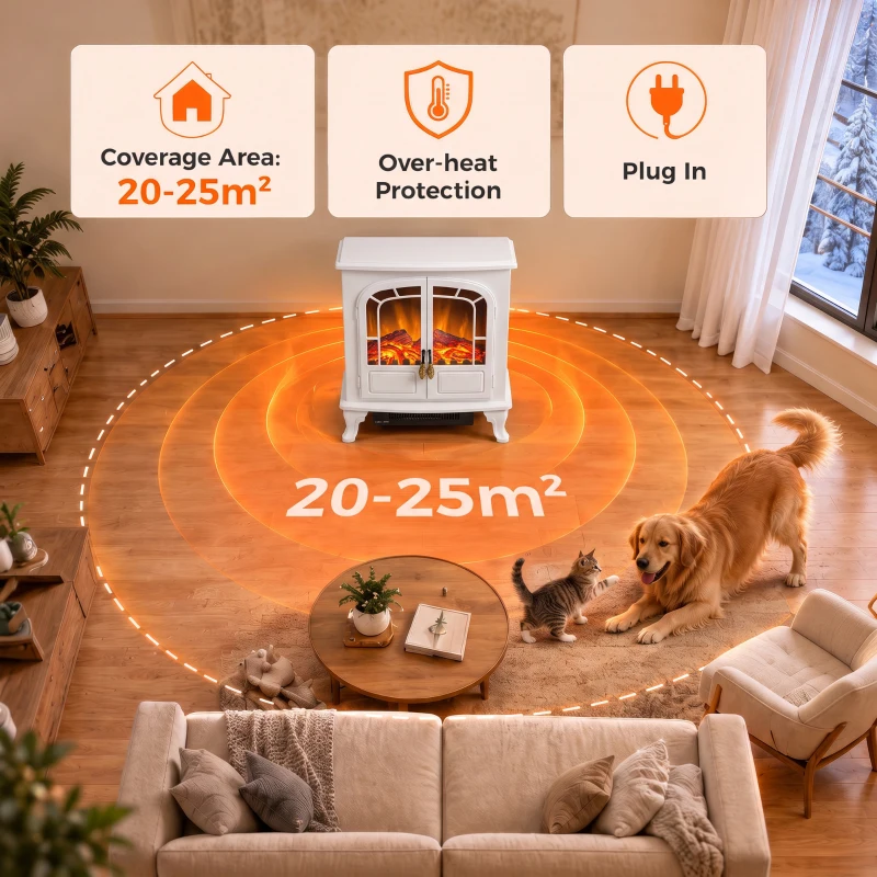 HOMCOM Freestanding Electric Fireplace Stove Heater with LED Fire Flame Effect White