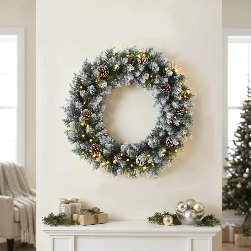HOMCOM Corona de Navidad para Puerta Efecto Nevado de 60 cm con 50 Luces LED 8 Modos Piñas para Balcón Paredes Ventanas