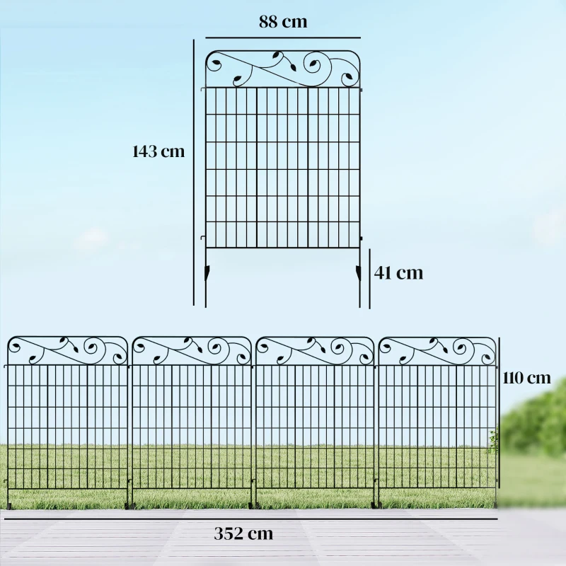 Outsunny Decorative Garden Fencing, 4PCs Outdoor Picket Fence Panels, 56in x 11.5ft Rustproof Metal Wire Landscape Flower Bed Border Edging Animal Barrier, Black
