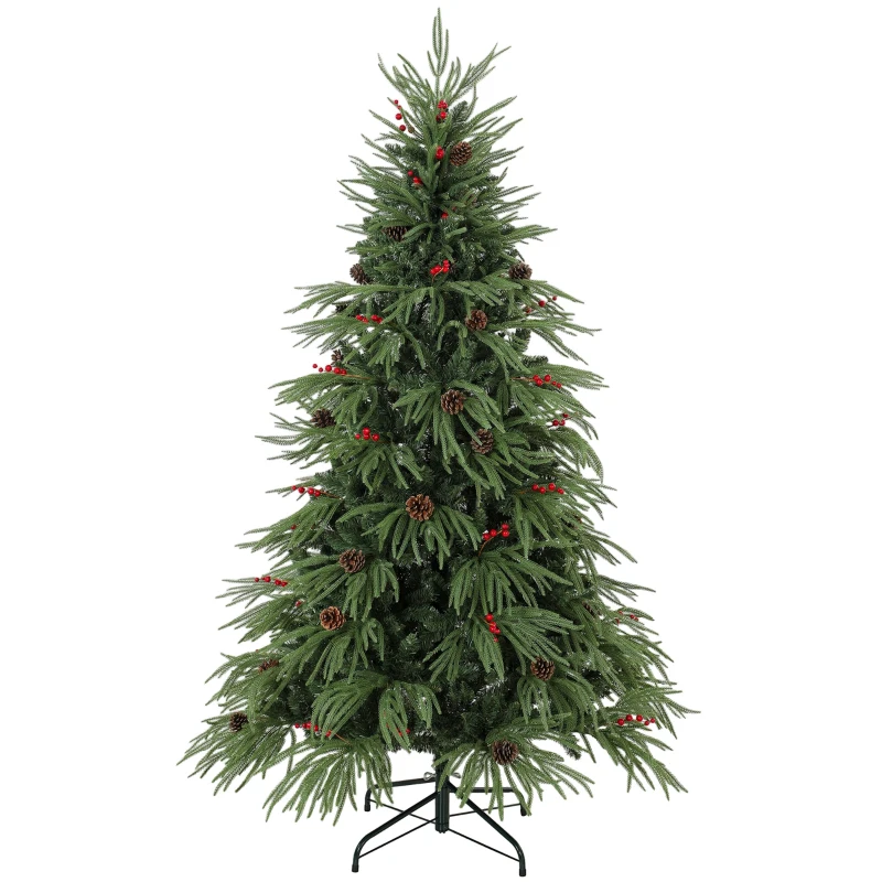 HOMCOM 6ft Artificial Christmas Tree with Pinecones, Red Berries, Hinged Predecorated Xmas Tree with 2843 Branch Tips