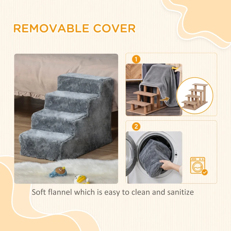 PawHut Four-Step Dog Stairs, with Washable Plush Cover, for High Bed Sofa, Dog Stairs for Small Dog and Cat - Light Grey