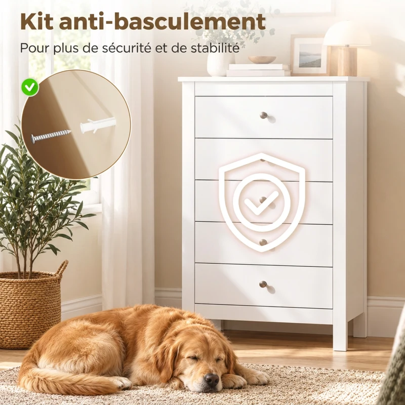 HOMCOM Commode 5 Tiroirs, Meuble de Rangement avec Glissières Fluides, Chiffonnier, Style Moderne, 60 x 39,5 x 95,3 cm, Blanc