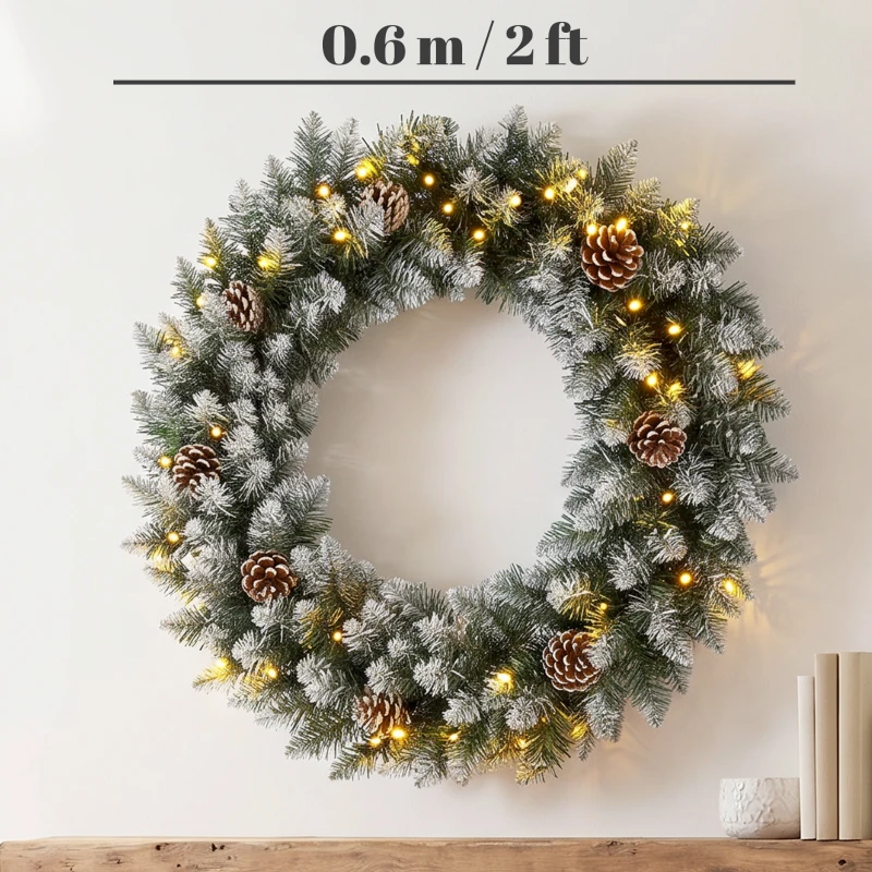 HOMCOM Coroniță de Crăciun 60 cm cu lumini LED, 8 moduri, 140 ramuri, conuri de pin, verde