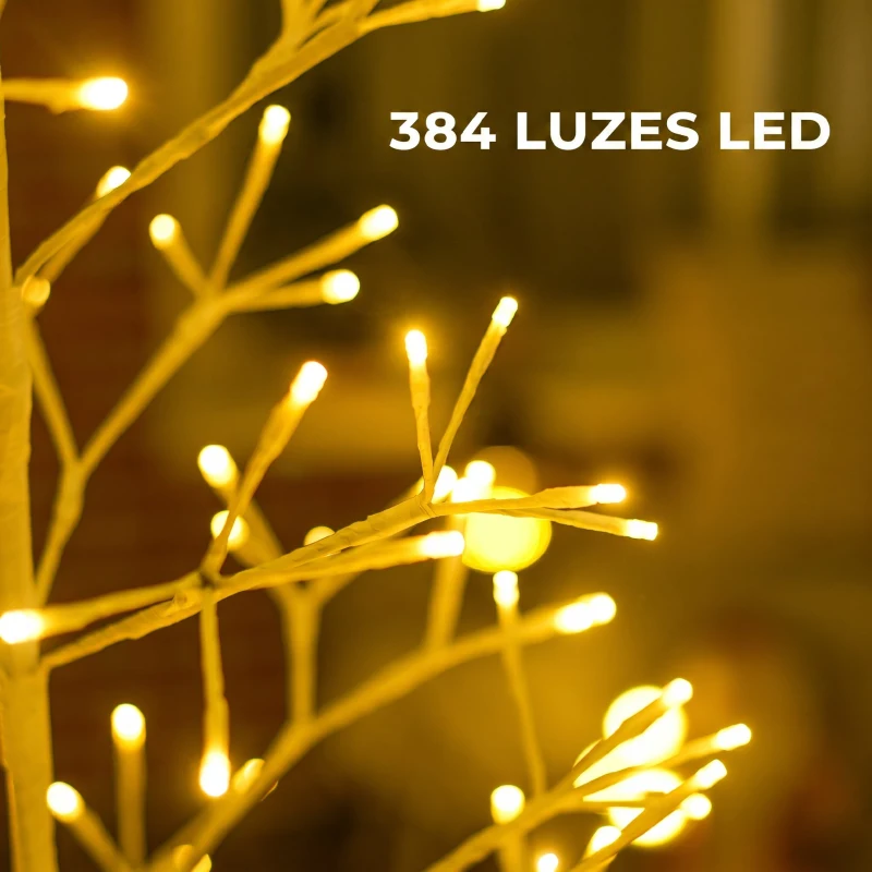 HOMCOM Árvore de Natal Artificial 180 cm com 384 Luzes LED Branco-Quente Ramos Flexíveis Base de Aço Branco