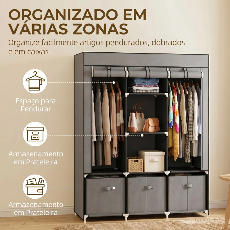 HOMCOM Roupeiro de Tecido com 2 Varões 5 Prateleiras 3 Gavetas Fecho de Correr Estrutura de Aço 125x43x162,5 cm Cinzento