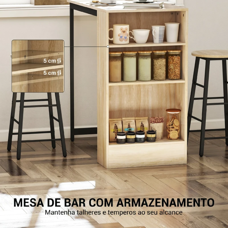 HOMCOM Conjunto Mesa Alta com 2 Bancos Apoios para os Pés 3 Compartimentos Prateleira Ajustável para Cozinha Carvalho