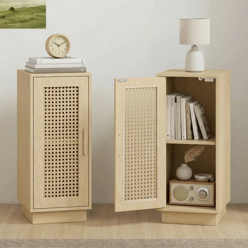 HOMCOM Set of 2 Bedside Tables with Rattan-Decor Doors, Boho Slim Nightstands with Adjustable Shelf, Natural Wood Finish