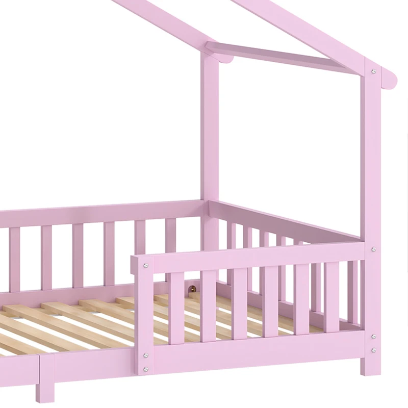 AIYAPLAY Wooden Kids House Single Bed Frame, Solid Pine Wood Toddler Bed with Dual Guardrails for Children, Boys, Girls, Pink