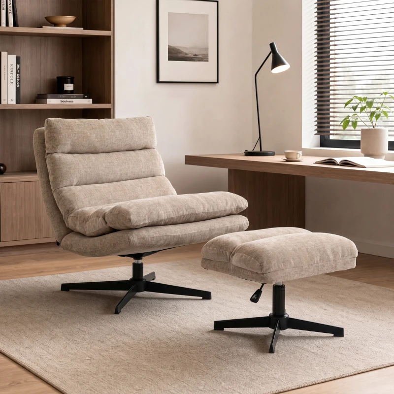 HOMCOM Sillón lounge con reposapiés, sillón chenilla giratorio con reposapiés regulable en altura, acolchado grueso y asiento ancho, Marrón