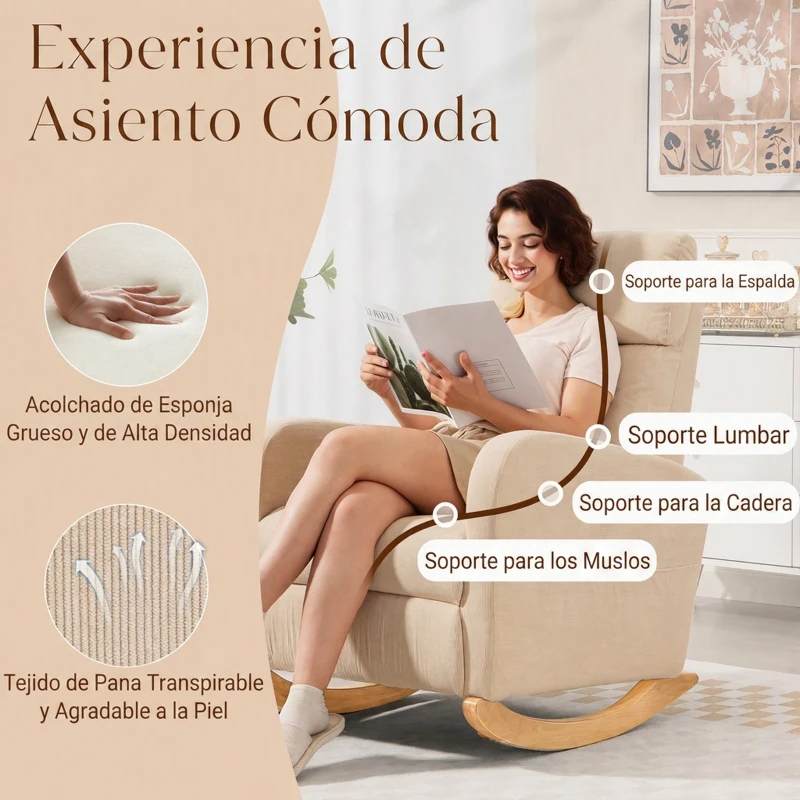 HOMCOM Silla Mecedora de Pana con Respaldo Alto Patas de Madera de Caucho Bolsillos Reposabrazos Estilo Moderno Beige