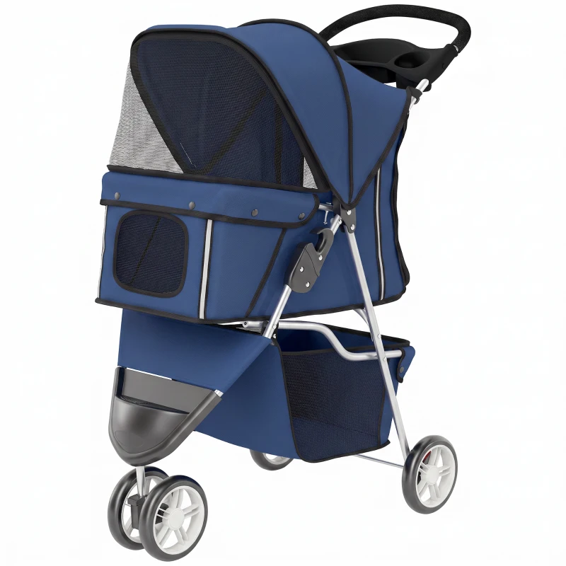 PawHut Carrinho Dobrável para Cães Pequenos até 10 kg com 3 Rodas, Capota, Cesta, Janelas em Rede e Porta-copos, Azul-Escuro