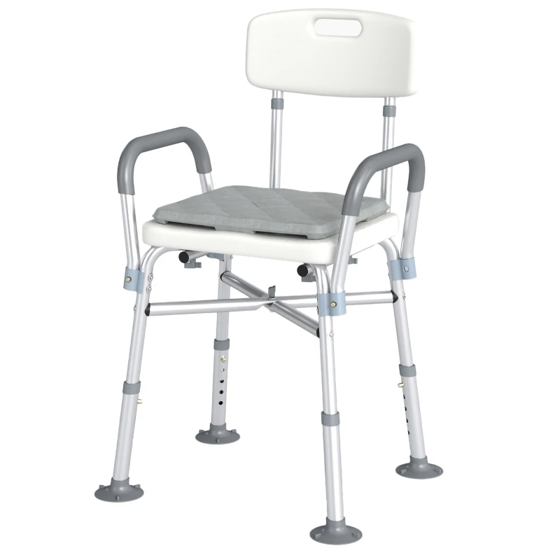 HOMCOM Tabouret de Douche Réglable en Hauteur à 5 Niveaux, Chaise de Douche, Accoudoirs Rembourrés et Coussin Amovible, Gris