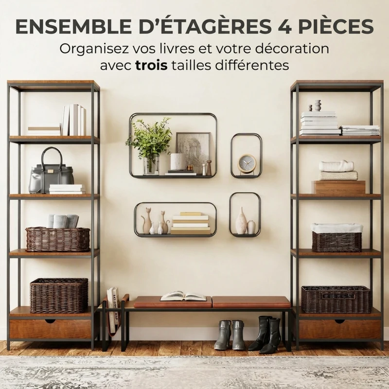 HOMCOM Lot de 4 étagères murales industrielles, étagères flottantes géométriques en métal, pour salon, chambre et bureau, noir