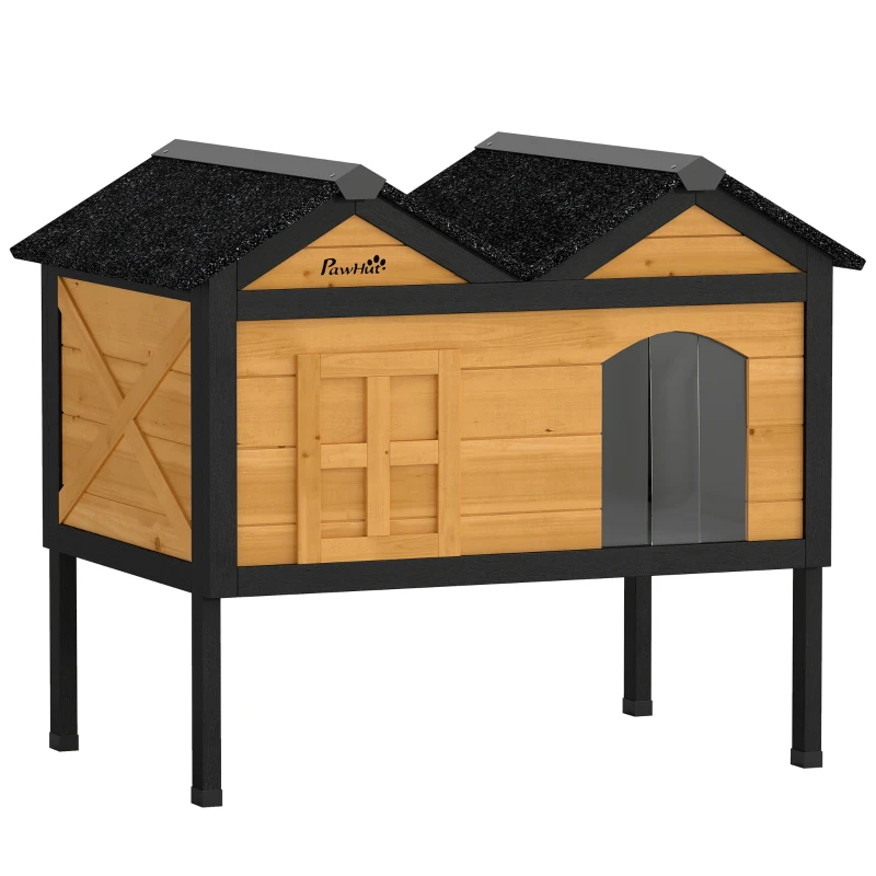 PawHut Wooden Cat House Outdoor Indoor with Weatherproof Asphalt Roof, Side Cleaning Door, PVC Curtain