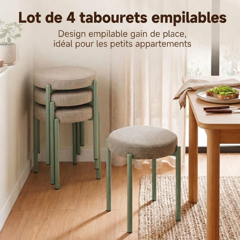 HOMCOM Lot de 4 Tabourets Empilables Ronds avec Assise Rembourrée, sans Dossier, Gain de Place, 45 x 45 x 47,5 cm, Marron Cair