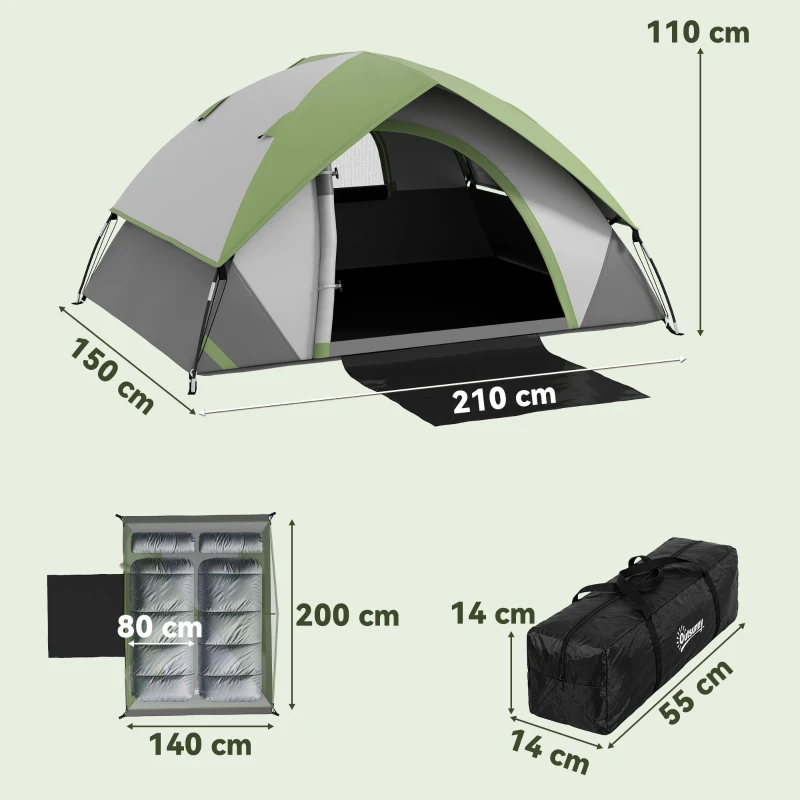 Outsunny Tenda da Campeggio 2 Posti con Finestra a Rete, in Poliestere, Fibra di Vetro e PE, 210x150x110 cm, Grigio e Verde