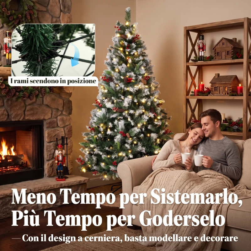 HOMCOM Albero di Natale Innevato 180 cm, 250 LED a 2 Colori, Telecomando, 11 Modalità, Pigne e Bacche Rosse