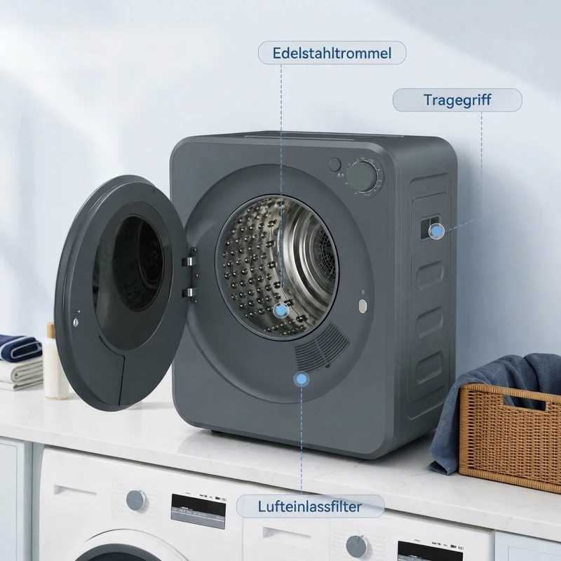 HOMCOM Mini Wäschetrockner 4 kg mit 5 Programme bis zu 60℃ 800W/400W Ablufttrockner mit Edelstahltrommel Grau