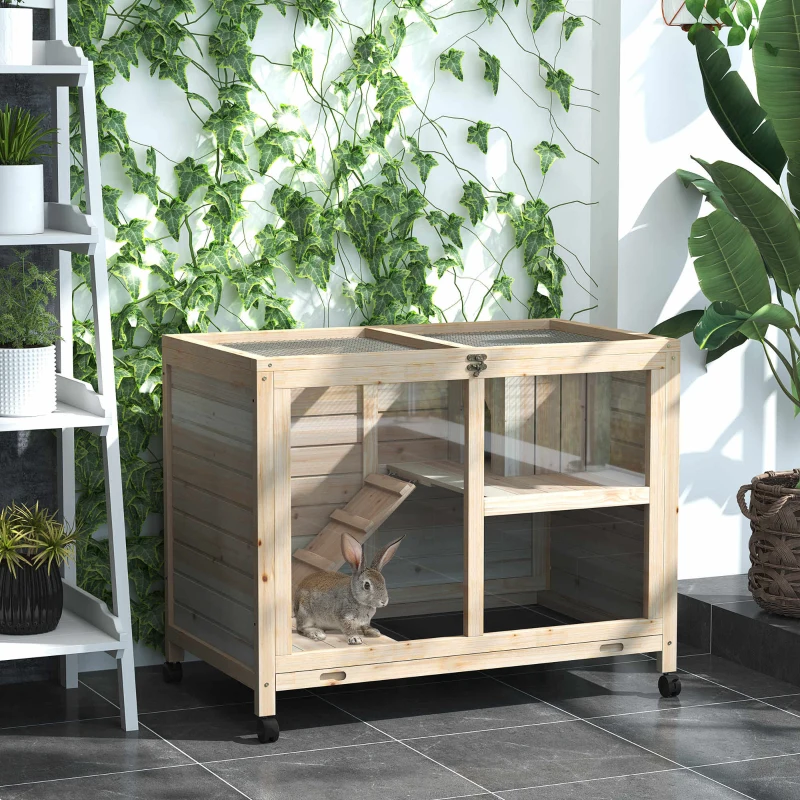PawHut Cage à lapin clapier sur roulettes petit enclos animaux en bois massif 2 étages toit ouvrant plates-formes 91,5 x 53,3 x 73 cm bois naturel