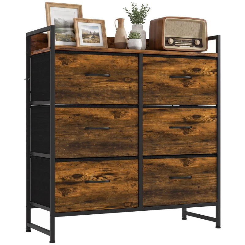 HOMCOM Commode, meuble de rangement pour chambre 6 tiroirs tissu non tissé cadre en acier, 80 x 29 x 85 cm, effet bois d'acajou