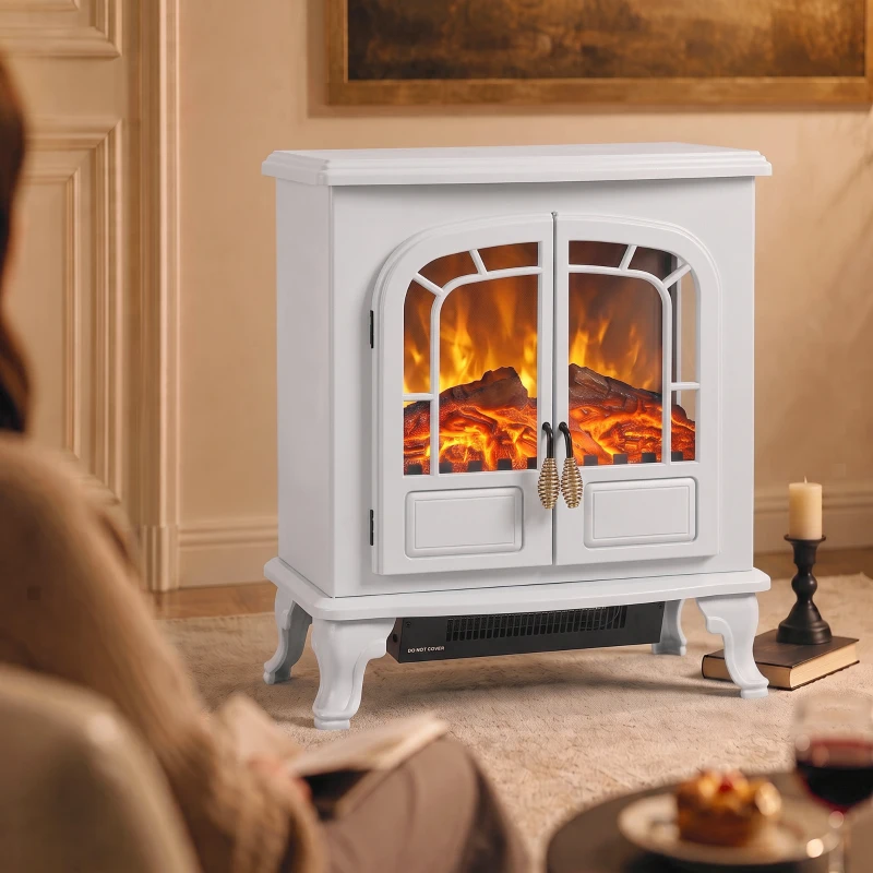 HOMCOM Freestanding Electric Fireplace Stove Heater with LED Fire Flame Effect White