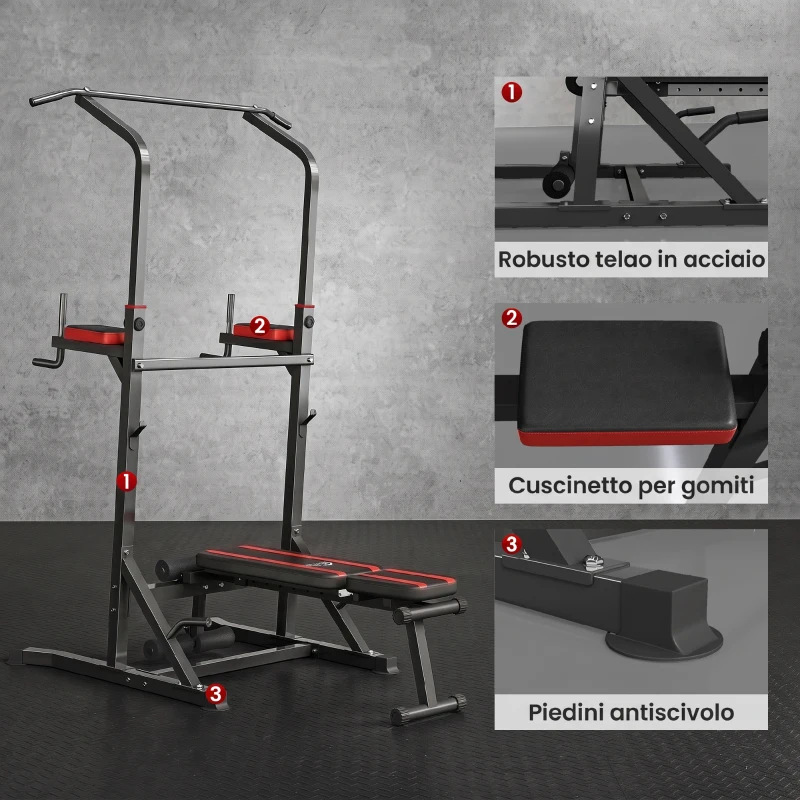 HOMCOM Power Tower Pieghevole con Panca Piana Regolabile, Rack Palestra Multifunzione con Barre per Dip e Trazioni, Altezza Regolabile 7 Livelli, in Acciaio, Allenamento Fitness Casa Palestra, Rosso