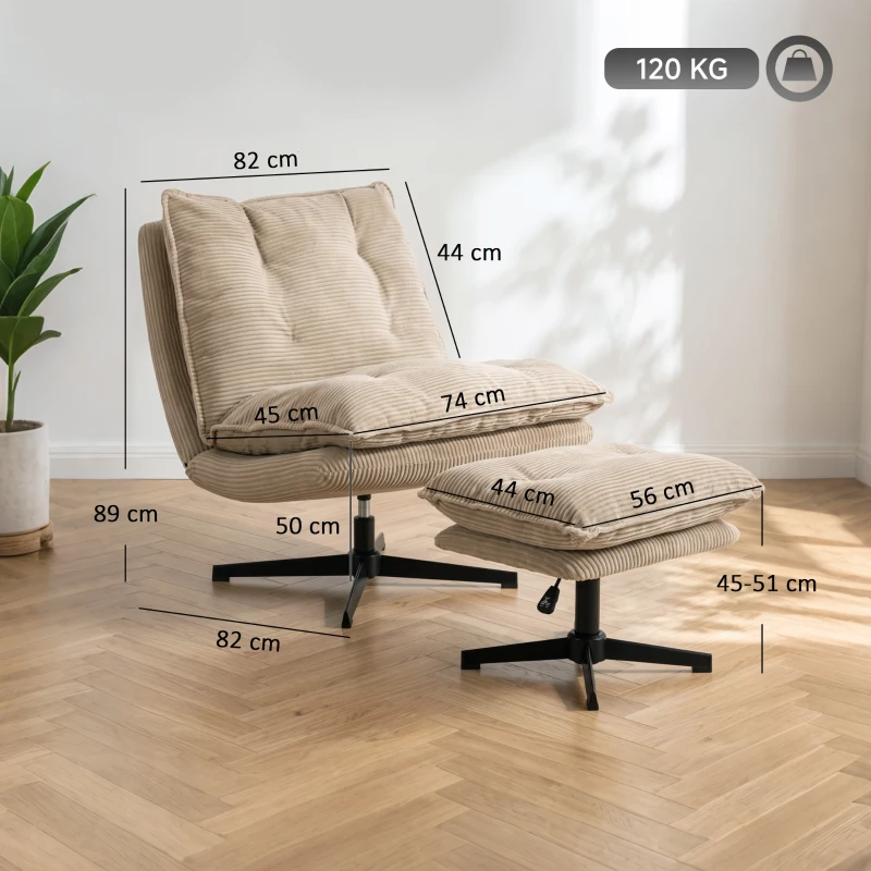 HOMCOM Sillón lounge con reposapiés, giratorio 360°, tapizado de pana, reposapiés regulable en altura, Beige