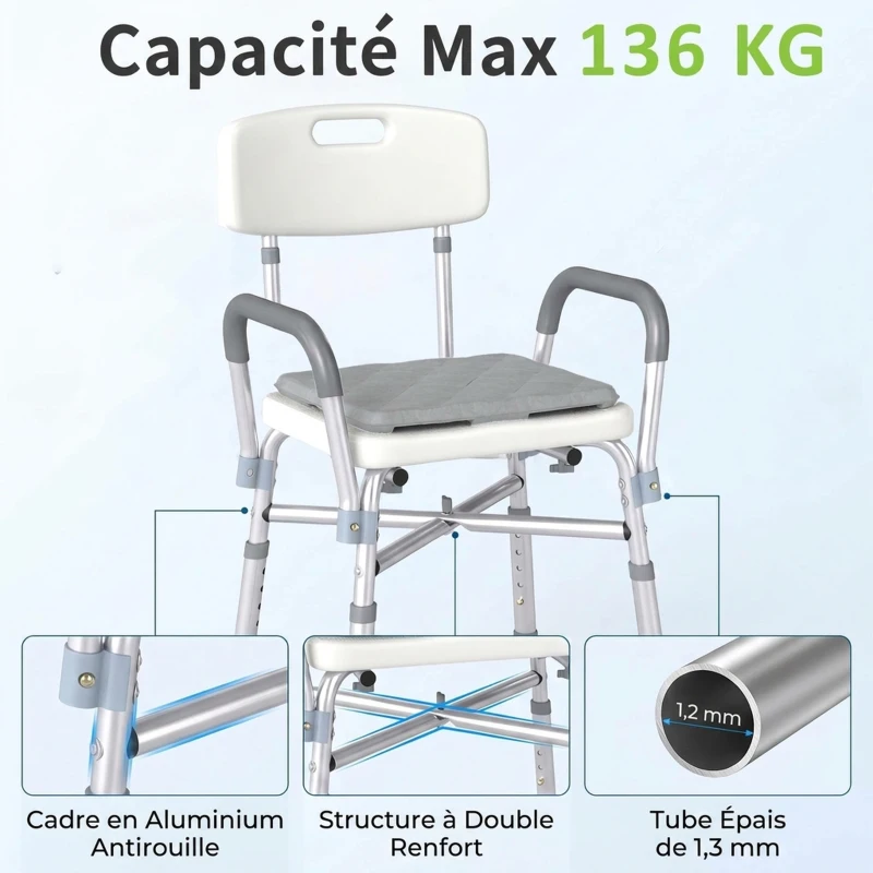 HOMCOM Tabouret de Douche Réglable en Hauteur à 5 Niveaux, Chaise de Douche, Accoudoirs Rembourrés et Coussin Amovible, Gris